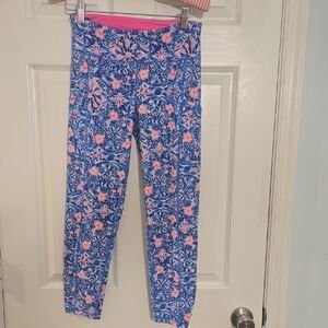 Lilly Pulitzer Blue Floral Medallion Leggings with Pink Waistband